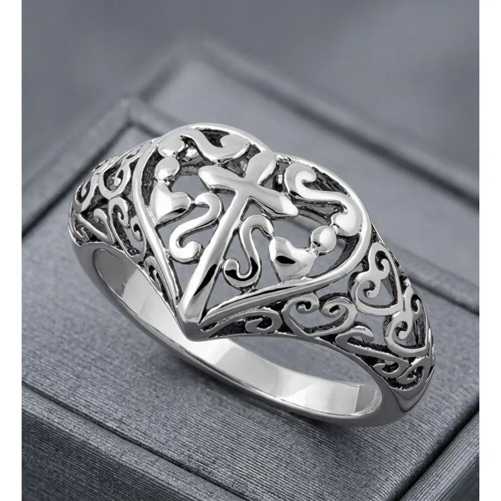 925 Sterling Silver Heart Cross Ring Filigree Faith Band New Gift For Her Size 8